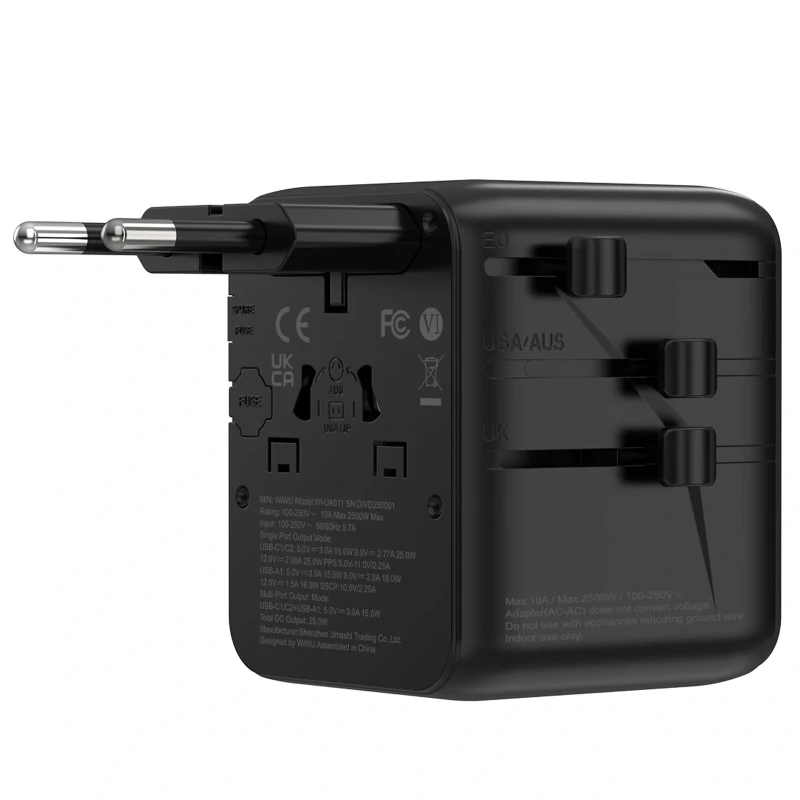 Мережевий універсальний перехідник WIWU UA011 Warrior GaN 25W + 1USB-A/2C – Black. Фото 2 з 4