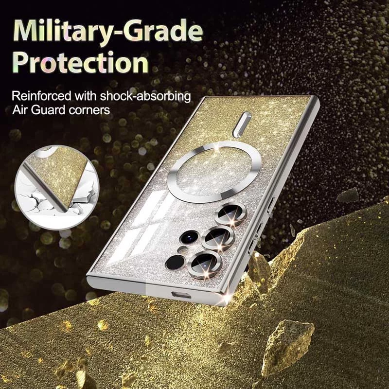 Чохол з блискітками, захисними лінзами на камеру та MagSafe на Samsung Galaxy S21 Ultra – Золотий / Gold. Фото 3 з 4