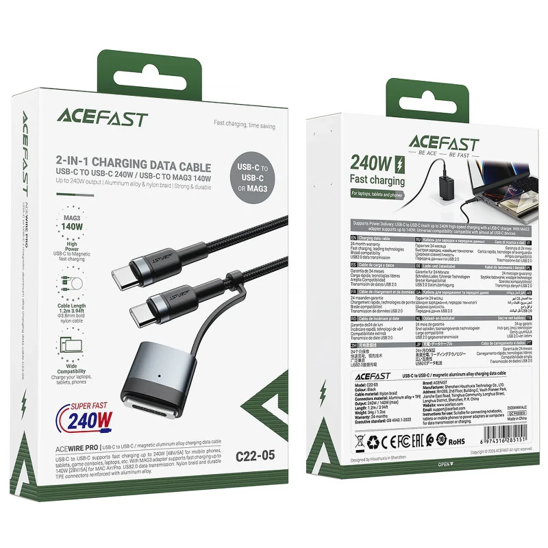 Дата кабель Acefast C22-05 2in1 Type-C to Type-C 240W/MAG3 140W (1.2m) – Black. Фото 4 з 4