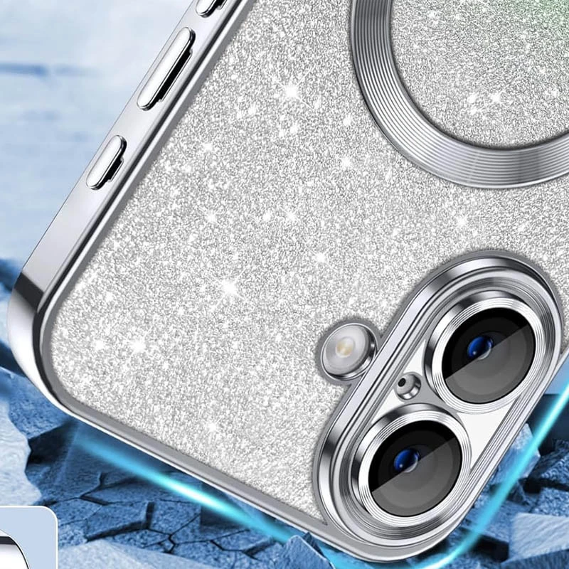 Чохол з блискітками, захисними лінзами на камеру та MagSafe на Apple iPhone 16 Plus – Сірий / Gray. Фото 4 з 6