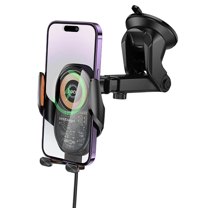 Автотримач з БЗП Hoco HW34 Blue whale 3-axis linkage wireless 15W (center console) – Black. Фото 4 з 7