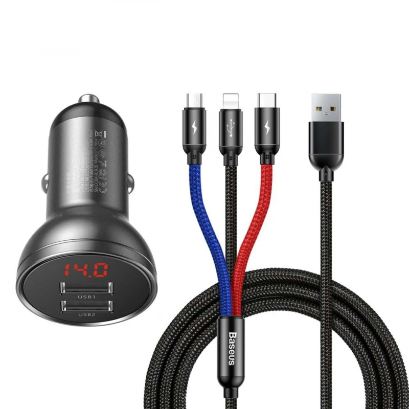 

АЗП Baseus Digital Display Dual USB 4.8A Car Charger 24W with Three Primary Colors 3-in-1 Cable USB (Сірий / Чорний)