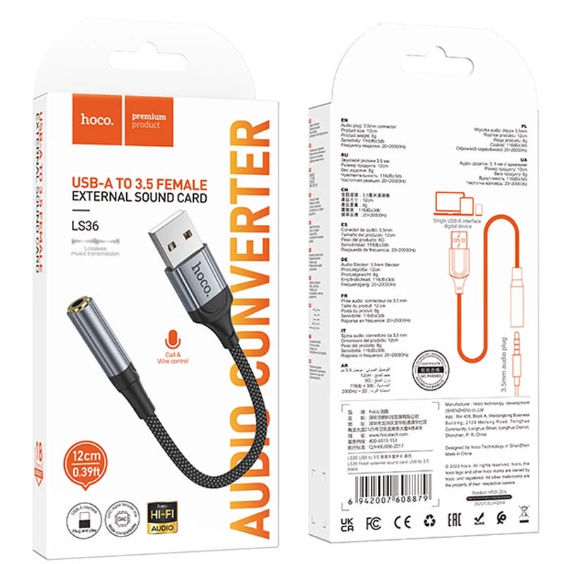 Перехідник Hoco LS36 Fresh USB to 3,5 AUX – Black. Фото 5 з 5