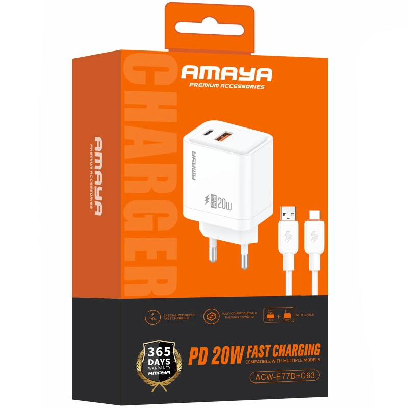 СЗУ Amaya E77D PD20W+QC3.0 (1USB-A/1C) + кабель USB to Type-C – White. Фото 2 из 2