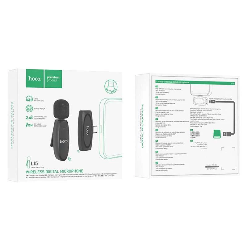 Петличний бездротовий мікрофон Hoco L15 Crystal Type-C – Black. Фото 6 з 7