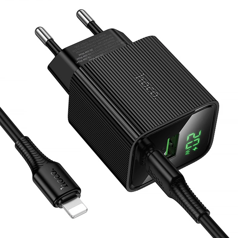 СЗУ Hoco CS83A Excellent with digital display PD20W+QC3.0 (1USB-A/1C) + кабель Type-C to Lightning – Black. Фото 5 из 5