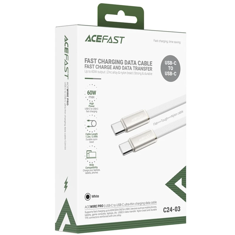Дата кабель Acefast C24-03 Type-C to Type-C 60W (1.2m) – White. Фото 5 з 5