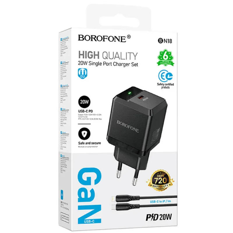 МЗП Borofone BN18 Intenso PD20W (1USB-C) + кабель Type-C to Lightning – Black. Фото 2 з 4