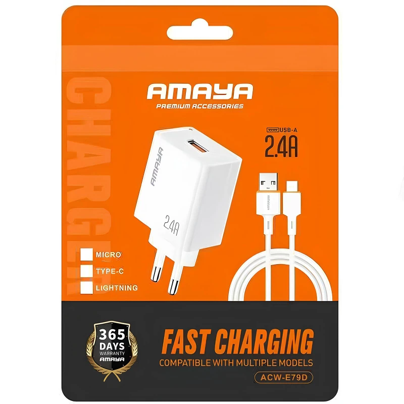 МЗП Amaya E79D 2.4A (1USB-A) + кабель USB to Type-C – White. Фото 2 з 2