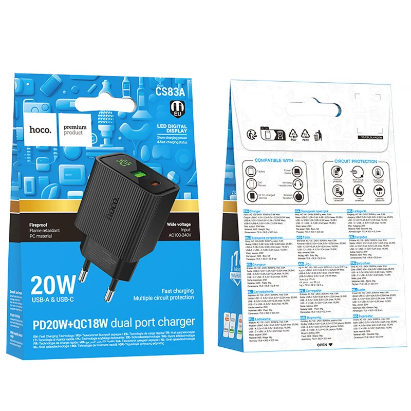 МЗП Hoco CS83A Excellent with digital display PD20W+QC3.0 (1USB-A/1C) – Black. Фото 2 з 6