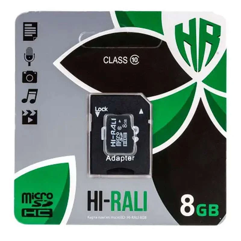 

Карта пам'яті Hi-Rali microSDHC 8 GB Card Class 10 + SD-adapter (Чорний)