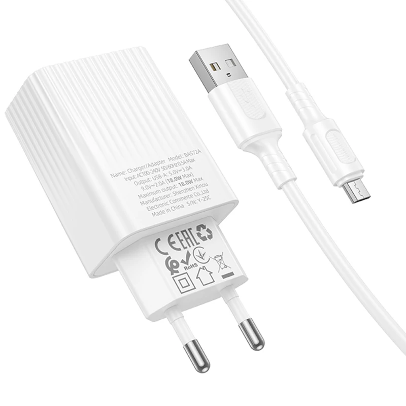МЗП Borofone BAS72A Source QC3.0 (1USB-A) + кабель USB to MicroUSB – White. Фото 3 з 5