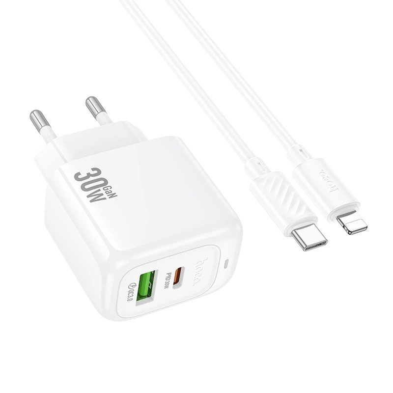 СЗУ Hoco CS55A Surplus PD30W+QC3.0 (1USB-A/1C) + Type-C to Lightning – White. Фото 4 из 7