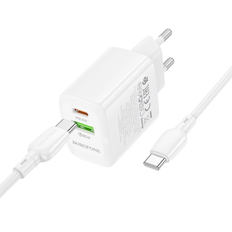 МЗП Borofone BN27 Fuente PD20W+QC3.0 (1USB-A/1C) + кабель Type-C to Type-C – White. Фото 5 з 6