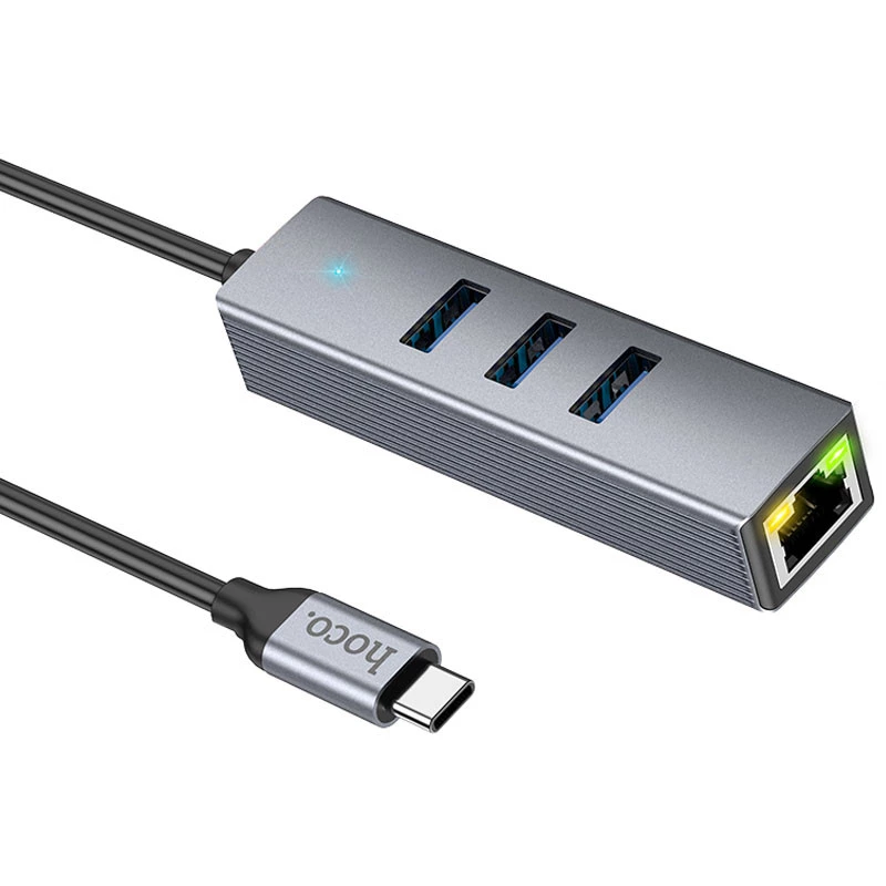 Перехідник HUB Hoco HB34 Easy link Type-C Gigabit network adapter (Type-C to USB3.0*3+RJ45) – Metal gray. Фото 2 з 8