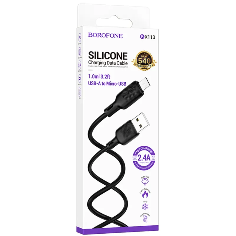 Дата кабель Borofone BX113 Lenny USB to MicroUSB 2.4A (1m) – Black. Фото 2 з 5