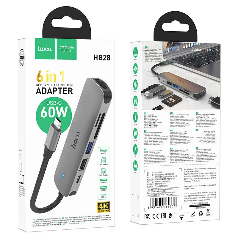 Перехідник Hoco HB28 Multi-function 6in1 (Type-C to HDTV+USB3.0+USB2.0+SD+TF+PD) – Metal gray. Фото 6 з 7
