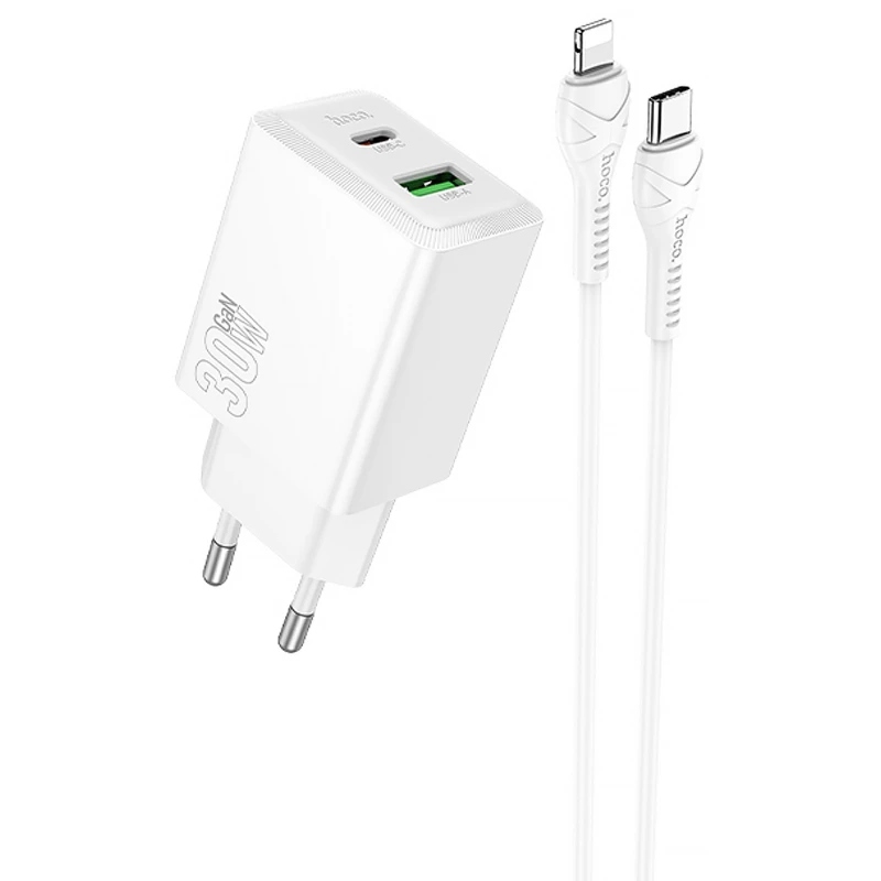 СЗУ Hoco N71 Nuevo PD30W+QC3.0 (1USB-A/1C) + кабель Type-C to Lightning – White. Фото 1 из 4