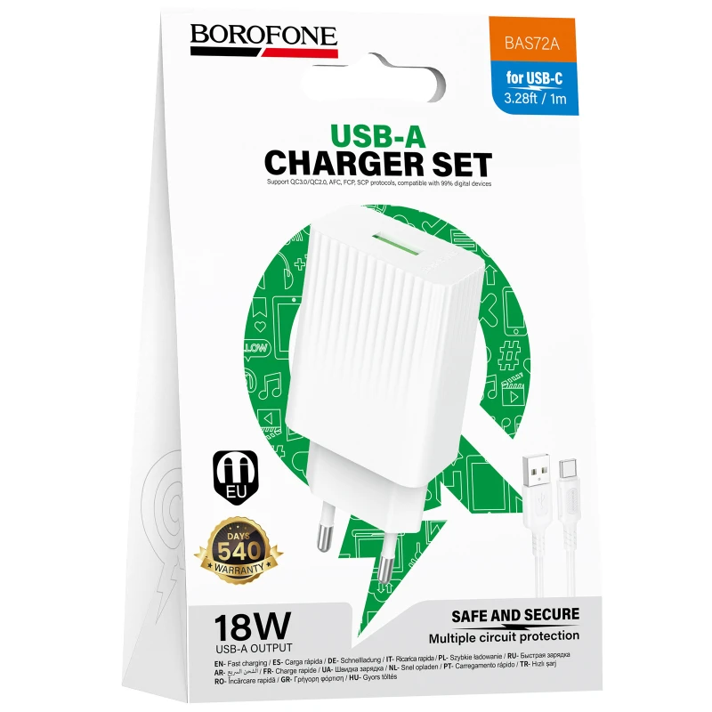 МЗП Borofone BAS72A Source QC3.0 (1USB-A) + кабель USB to Type-C – White. Фото 4 з 4