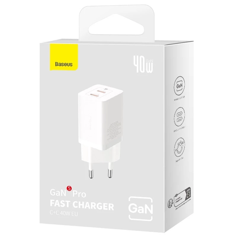 СЗУ Baseus GaN5 Pro OS + Type-C to Type-C 40W (CCGP18010) – White. Фото 7 из 8