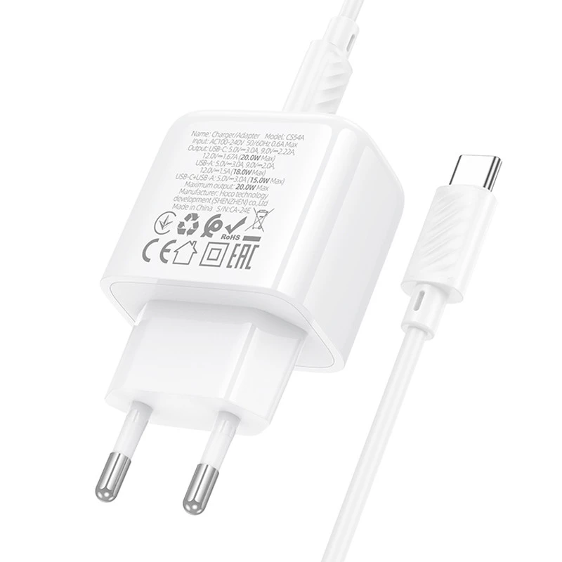 МЗП Hoco CS54A Surplus PD20W+QC3.0 (1USB-A/1C) + Type-C to Type-C – White. Фото 7 з 7
