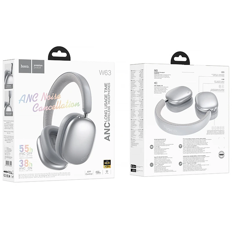 Накладні бездротові навушники Hoco W63 Triunfo ANC – silver. Фото 2 з 5