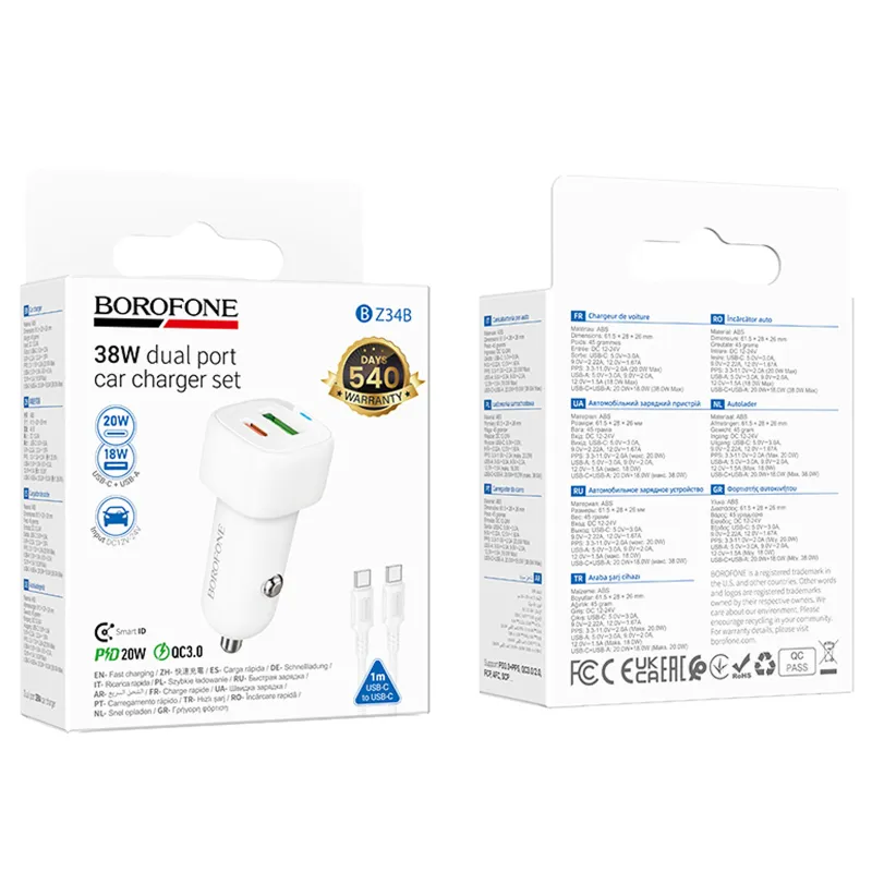 АЗП Borofone BZ34B Cloud PD20W+QC3.0 total 38W (1USB-A/1C) + кабель Type-C to Type-C – White. Фото 2 з 4