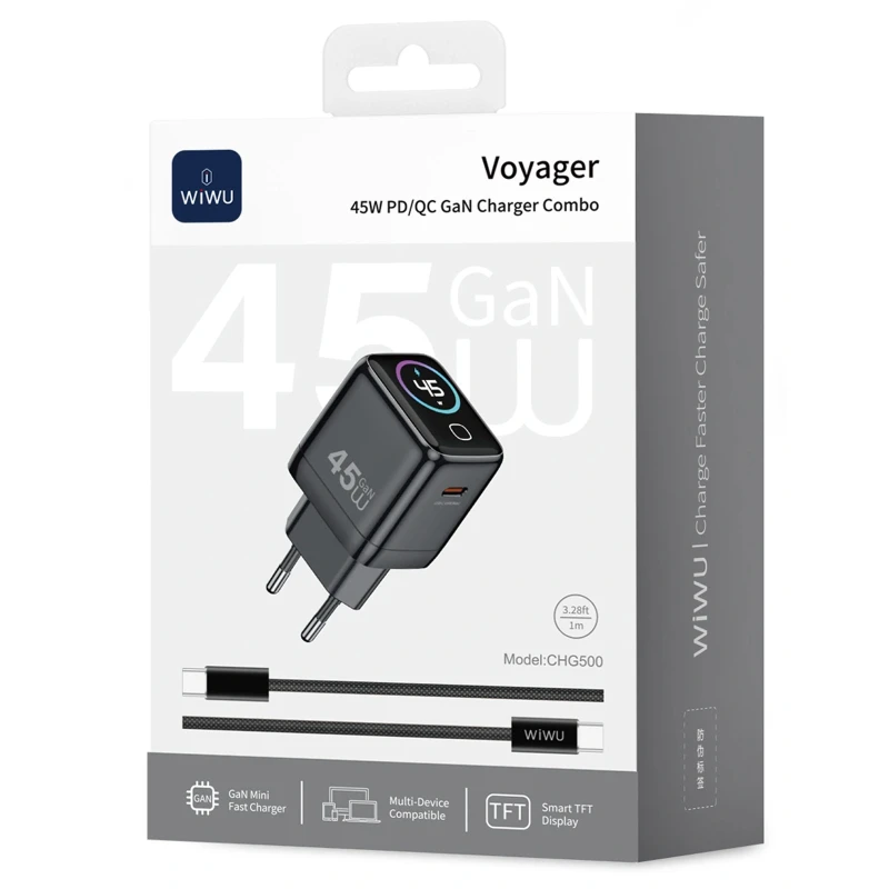 МЗП WIWU CHG500 Voyager PD45W (1USB-C) + кабель Type-C to Type-C – Grey. Фото 4 з 4