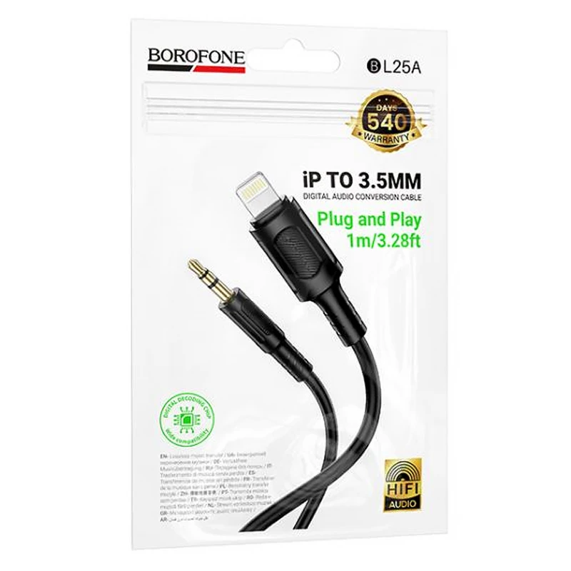 Аудио кабель Aux Borofone BL25A Nice (Lightning to AUX 3.5mm) (1m) – Black. Фото 3 из 5