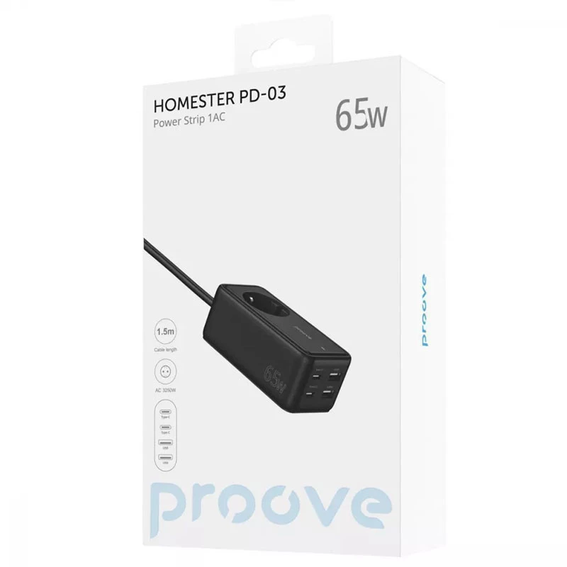 Мережевий фільтр Proove Power Strip Homester PD-03 1AC 65W (2xUSB+2xType-C) (1.5m) – Black. Фото 5 з 5