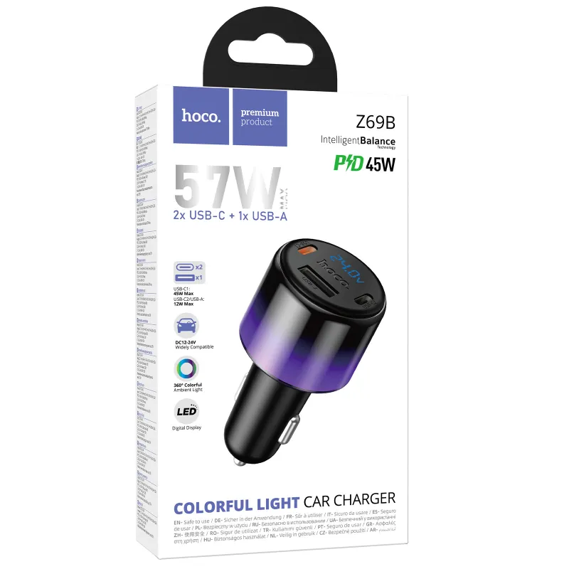 АЗП Hoco Z69B Vivido PD57W+QC3.0 (1USB-A/2C) – Black. Фото 2 з 6