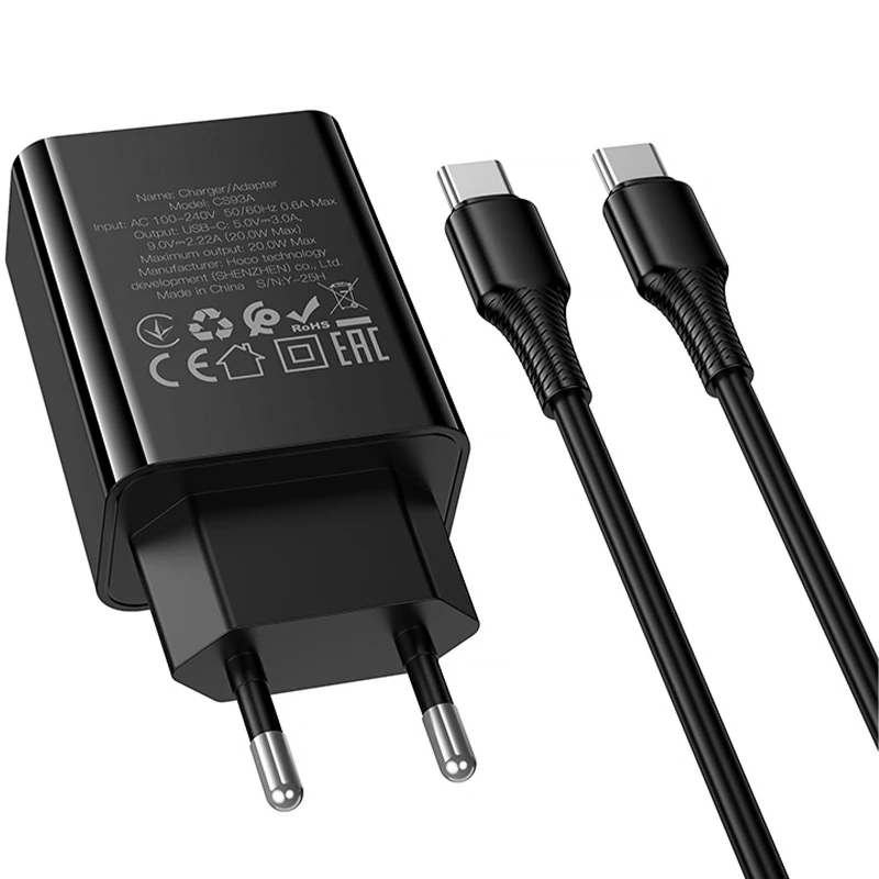 МЗП Hoco CS93A Leader PD20W (1USB-C) + кабель Type-C to Type-C – Black. Фото 5 з 6
