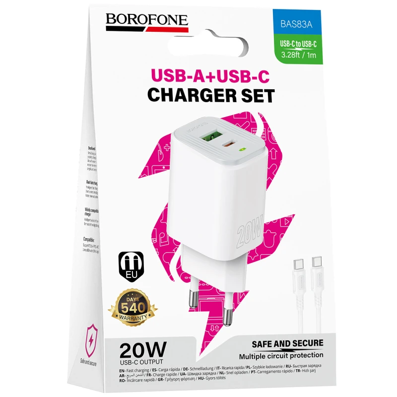 МЗП Borofone BAS83A Star PD20W+QC3.0 (1USB-A/1C) + кабель Type-C to Type-C – White. Фото 3 з 4