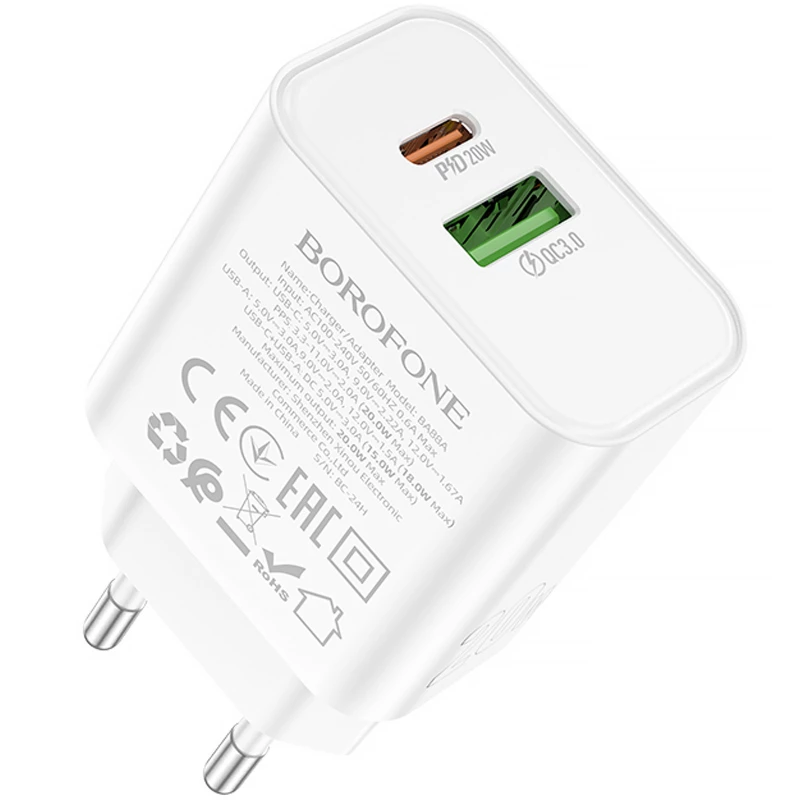 МЗП Borofone BA88A Navy PD20W+QC3.0 (1USB-A/1C) – White. Фото 3 з 5