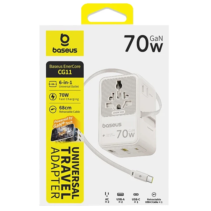 Мережевий універсальний перехідник Baseus CG11 70W with retractable cable (2USB-A/3C/1Socket) (E0307E) – Off-White. Фото 3 з 3