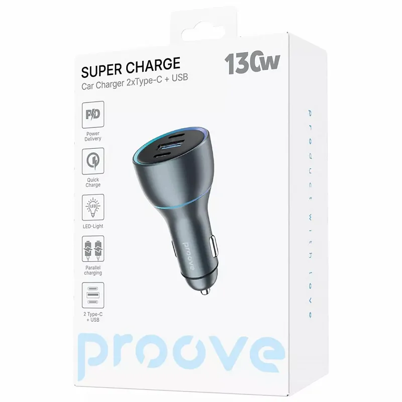 АЗП Proove Super Charge 130W PD100W+QC3.0 (1USB-A/2C) – Metal gray. Фото 5 з 5