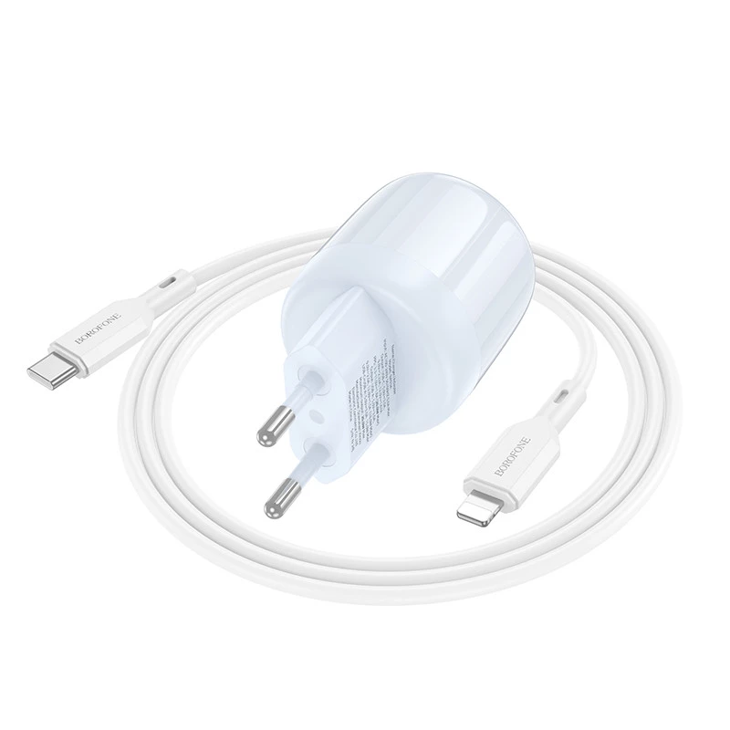 МЗП Borofone BA93A Lustrous PD20W+QC3.0 (1USB-A/1C) + кабель Type-C to Lightning – Blue. Фото 2 з 4