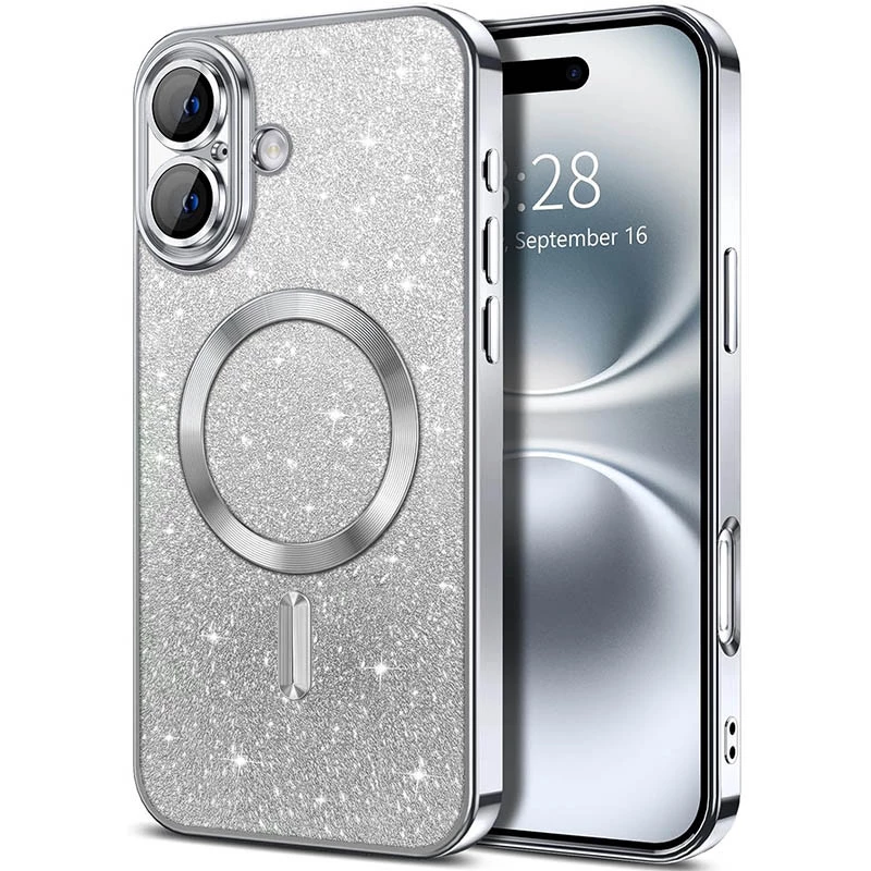 Чохол з блискітками, захисними лінзами на камеру та MagSafe на Apple iPhone 16 Plus – Сірий / Gray. Фото 2 з 6