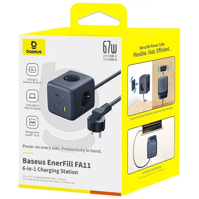 Подовжувач Baseus EnerFill FA11 PD67W+QC3.0 (1USB-A/2C/2Socket) (1.5m) (EFMF67) – Cosmic Black. Фото 2 з 5