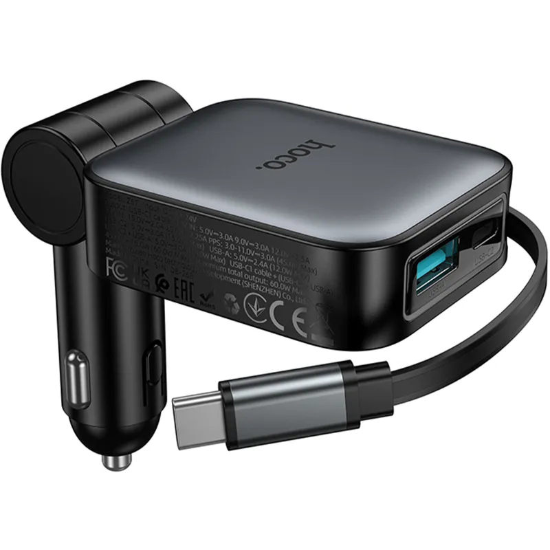 АЗУ Hoco Z67 Triunfar PD60W with retractable cable (1USB-A/2C) – Metal gray. Фото 3 из 6