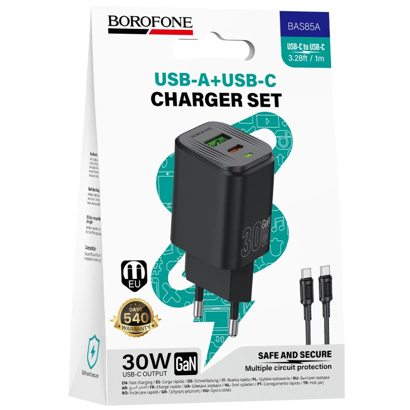 МЗП Borofone BAS85A Star PD30W+QC3.0 (1USB-A/1C) + кабель Type-C to Type-C – Black. Фото 2 з 6