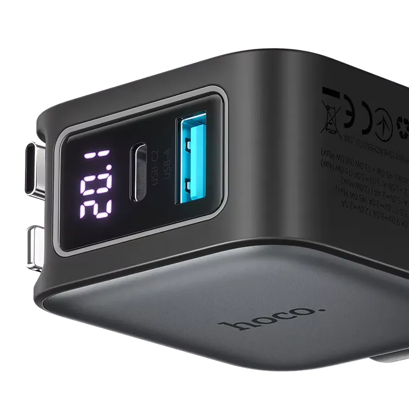 АЗП Hoco Z67A Triunfar PD45W+QC3.0 total 60W with retractable cables (1USB-A/2C/1L) – Metal gray. Фото 3 з 4