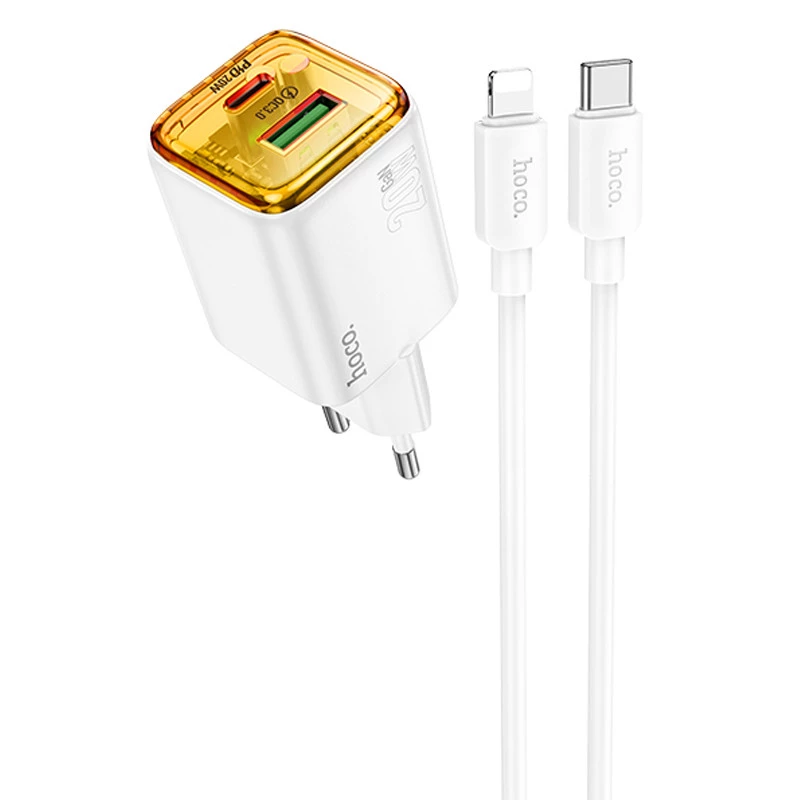 СЗУ Hoco N52 Monsoon PD20W+QC3.0 (1USB-A/1C) + кабель Type-C to Lightning – White. Фото 1 из 3