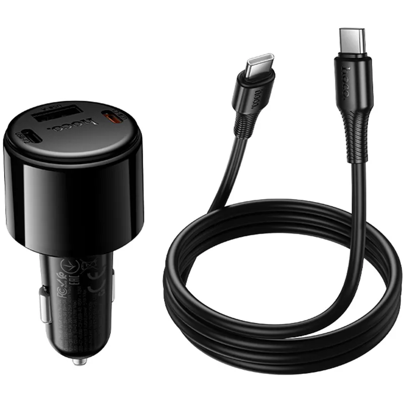 АЗУ Hoco Z69B Vivido PD57W+QC3.0 (1USB-A/2C) + кабель Type-C to Type-C – Black. Фото 3 из 6