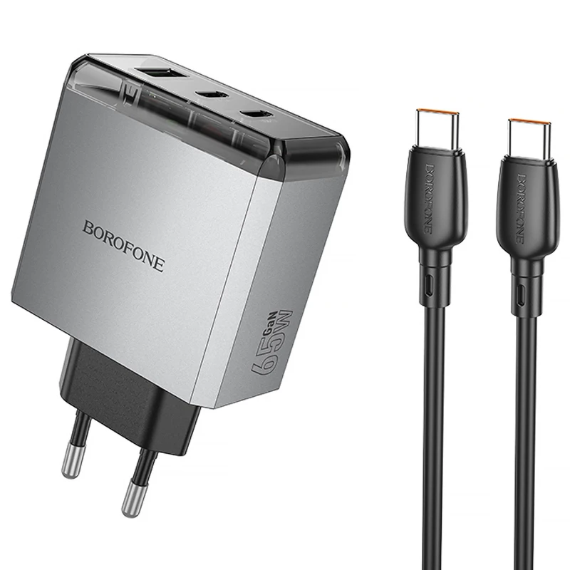 СЗУ Borofone BN22 Lena PD65W (1USB-A/2C) + кабель Type-C to Type-C – Metal gray. Фото 1 из 6