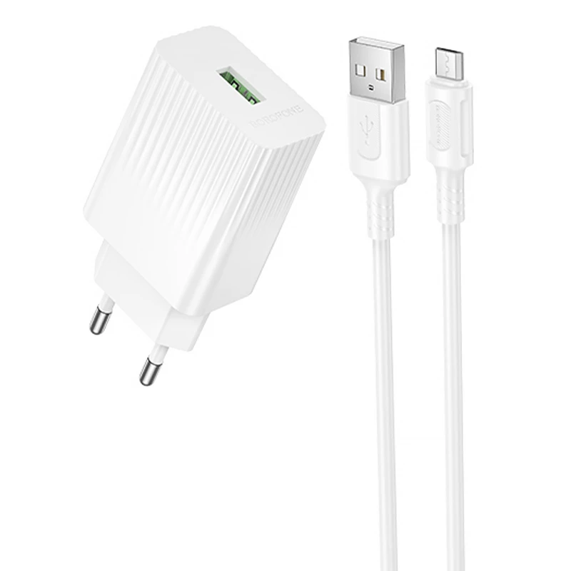 МЗП Borofone BAS72A Source QC3.0 (1USB-A) + кабель USB to MicroUSB – White. Фото 1 з 5