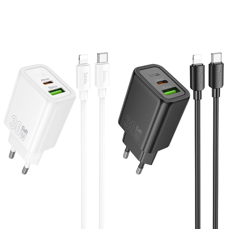 СЗУ Hoco N63 Gentle PD30W+QC3.0 (1USB-A/1C) + кабель Type-C to Lightning фото 1 из 1