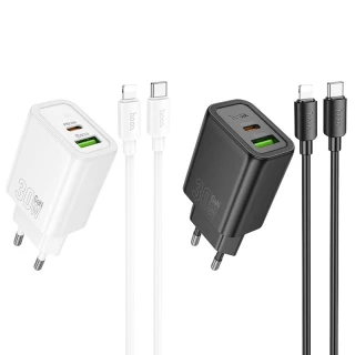 СЗУ Hoco N63 Gentle PD30W+QC3.0 (1USB-A/1C) + кабель Type-C to Lightning фото 1 СЗУ Hoco N63 Gentle PD30W+QC3.0 (1USB-A/1C) + кабель Type-C to Lightning фото 1 из 1