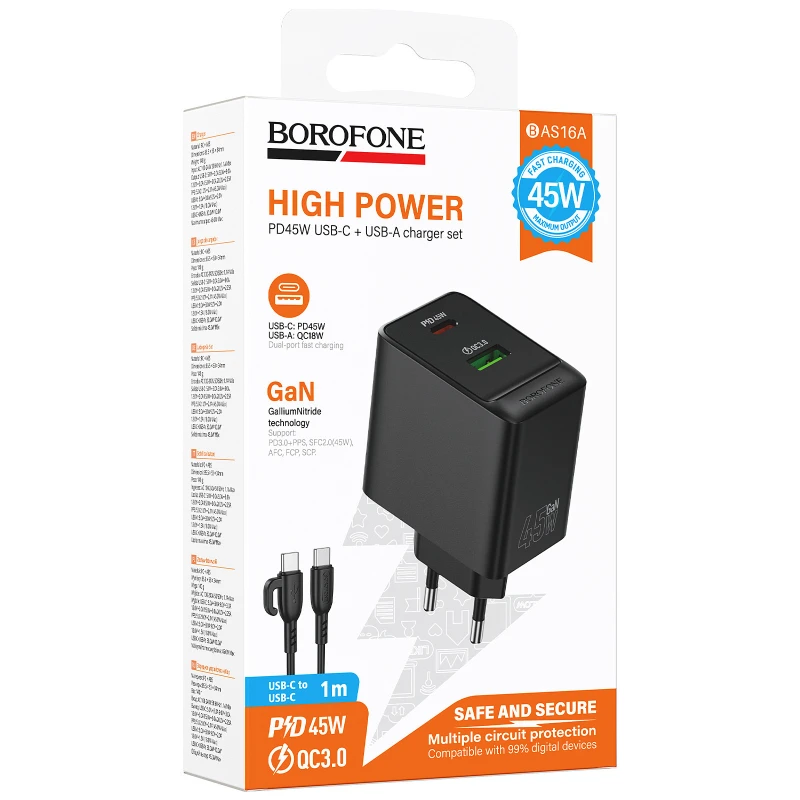 МЗП Borofone BAS16A Erudite PD45W+QC3.0 (1USB-A/1C) + кабель Type-C to Type-C – Black. Фото 2 з 5