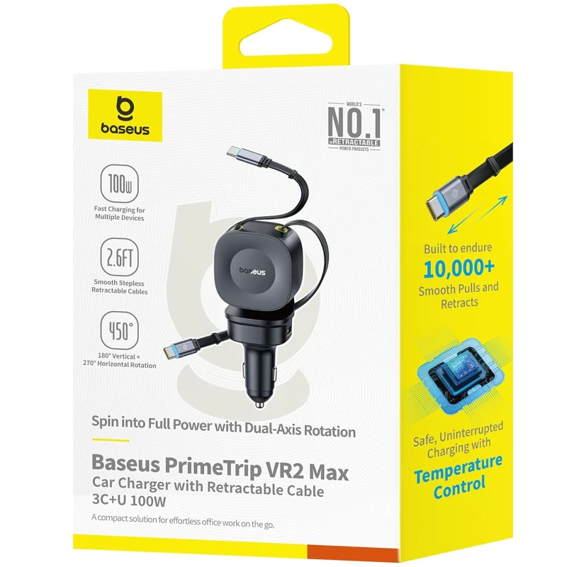 АЗП Baseus PrimeTrip VR2 Max PD100W+QC3.0 with retractable cable (1USB-A/3C) (C02066) – Cosmic Black. Фото 2 з 4